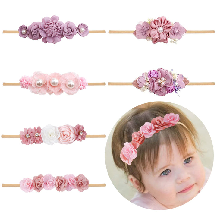 NUWAJP Baby Girl Flower Headband 6 PCS Elastic Hairbands Handmade Nylon Bows Headbands Chic Floral Hair Accessories Kids Gifts for Newborn Infant Toddlers