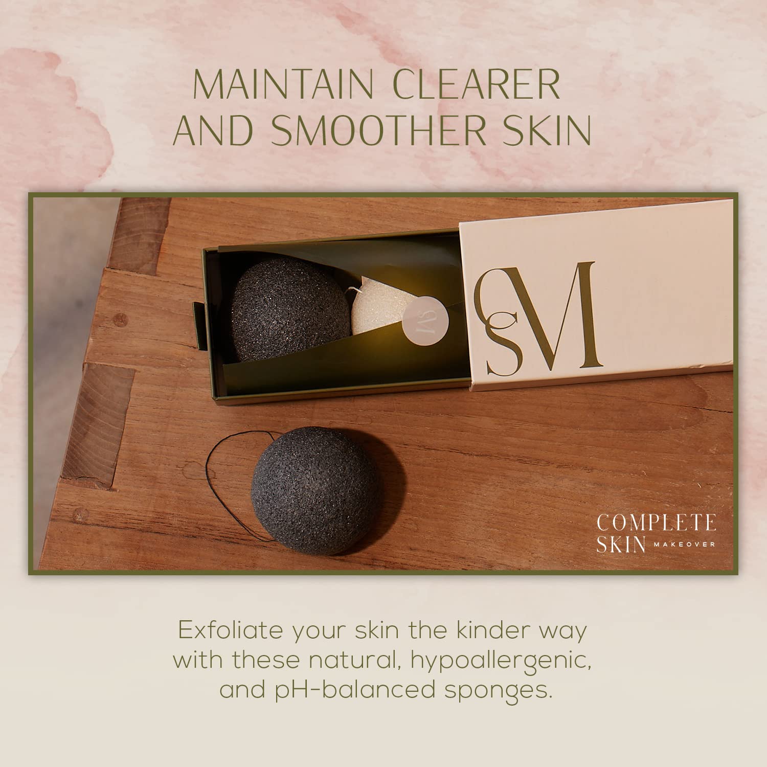 CSM Organic Konjac Sponges 3-Pack for Gentle Exfoliating - Facial Sponges with Premium Activated Bamboo Charcoal to Cleanse Pores, Remove Impurities, Exfoliation - 2 Black Charcoal, 1 White Natural