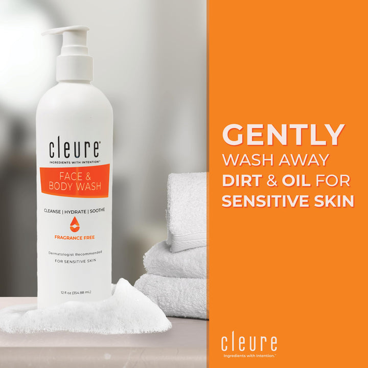 Cleure Gentle Hypoallergenic Face & Body Wash - Great for Normal/Oily Sensitive Skin, Clean, Restore & Hydrate - Paraben, Fragrance Free