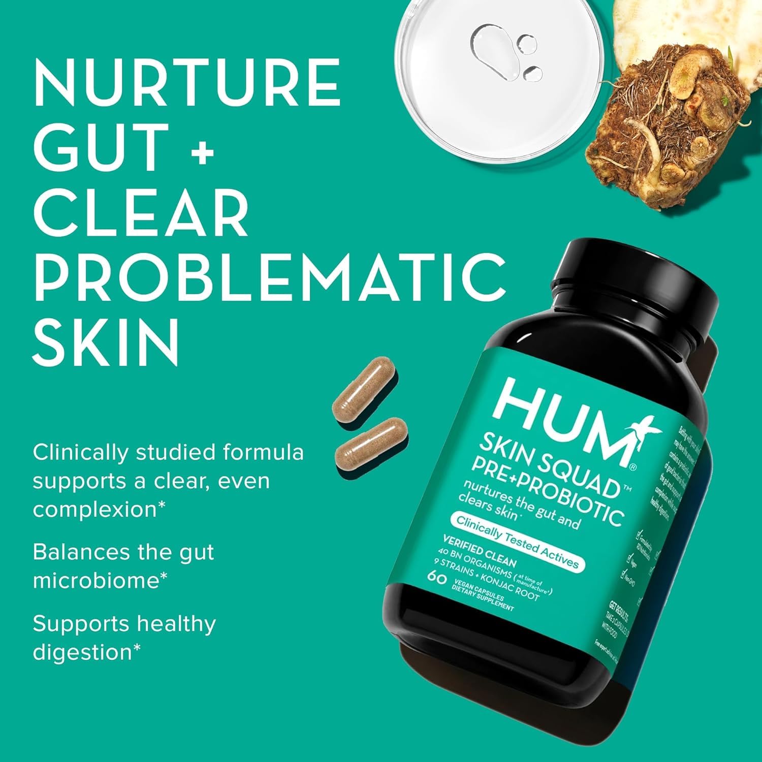 HUM Skin Squad - Probiotic Supplement for Clear Skin & Gut Health - Microbiome Probiotics for Problem Skin & Breakouts (60-Count)