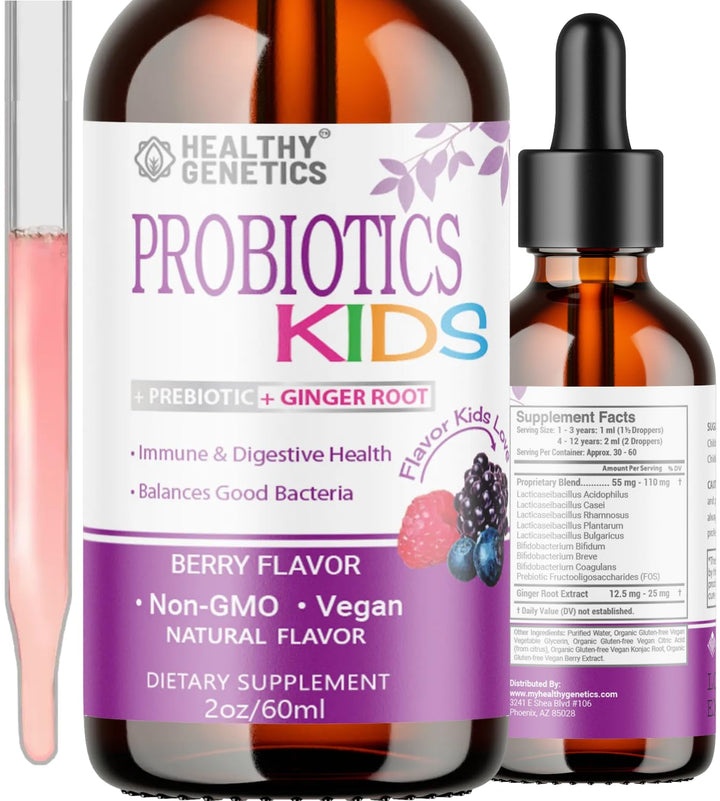 Healthy Genetics Liquid Probiotics for Kids & Toddlers | + Prebiotic + Ginger Root | Acidophilus Probiotic | Dairy Free | Vegan | Non-GMO | Gluten Free | 30-60 Servings