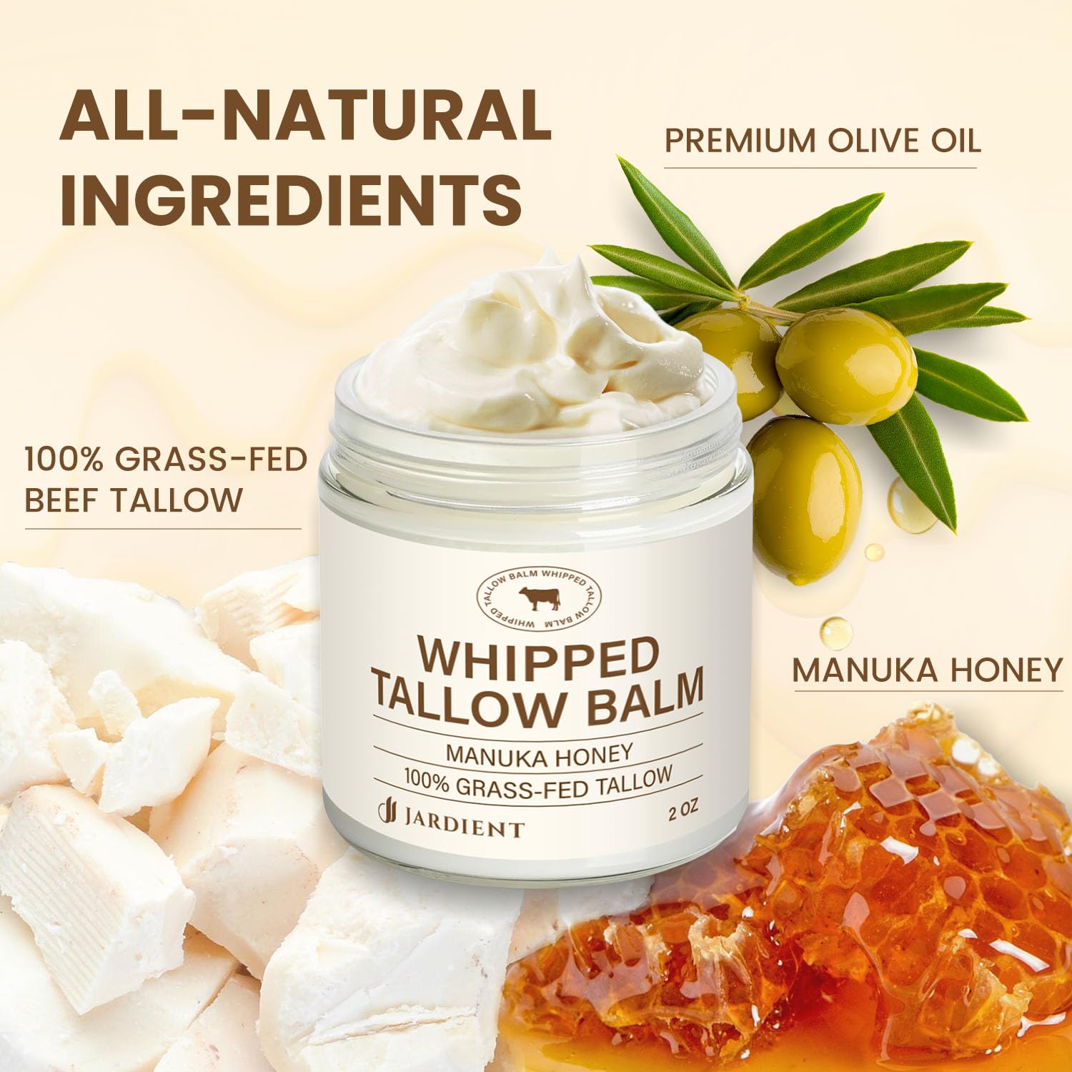 Jardient Beef Tallow Honey Balm for Skin: 100% Grass-Fed Beef Tallow Moisturizer For Face and Body - Organic Moisturizer Cream with Olive Oil Manuka Honey for Eczema and Dry Skin 2OZ