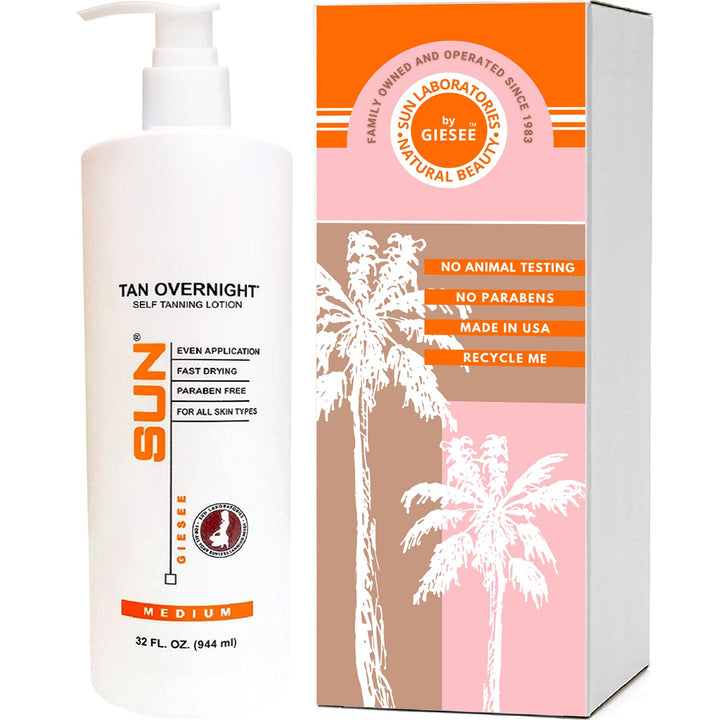 Self Tanner | Tan Overnight Self Tanning Lotion 32oz (Value Size) + Tanning Stickers - by Sun Laboratories (Packaging May Very)