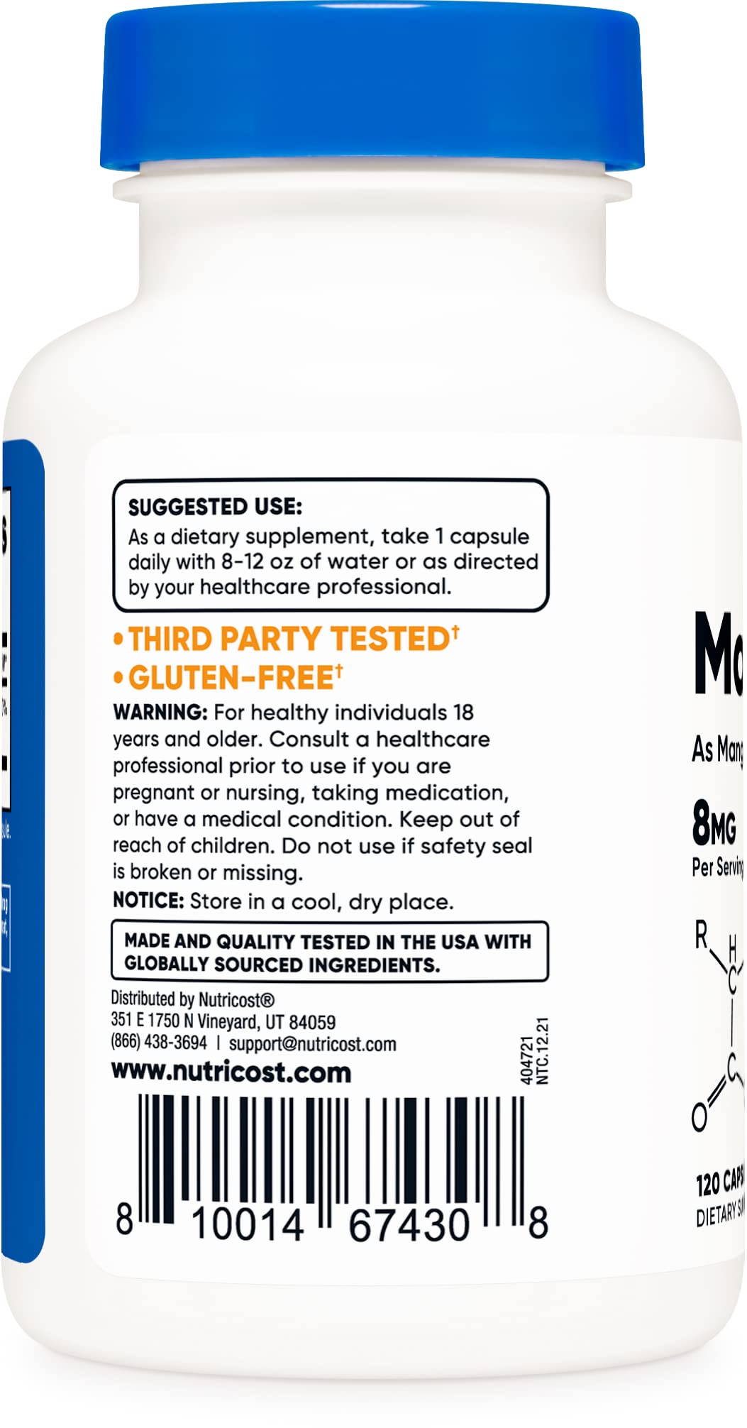 Nutricost Chelated Manganese Supplement 8mg, Amino Acid Chelate, 120 Capsules, 120 Servings - Gluten Free, Non-GMO and Vegetarian Friendly