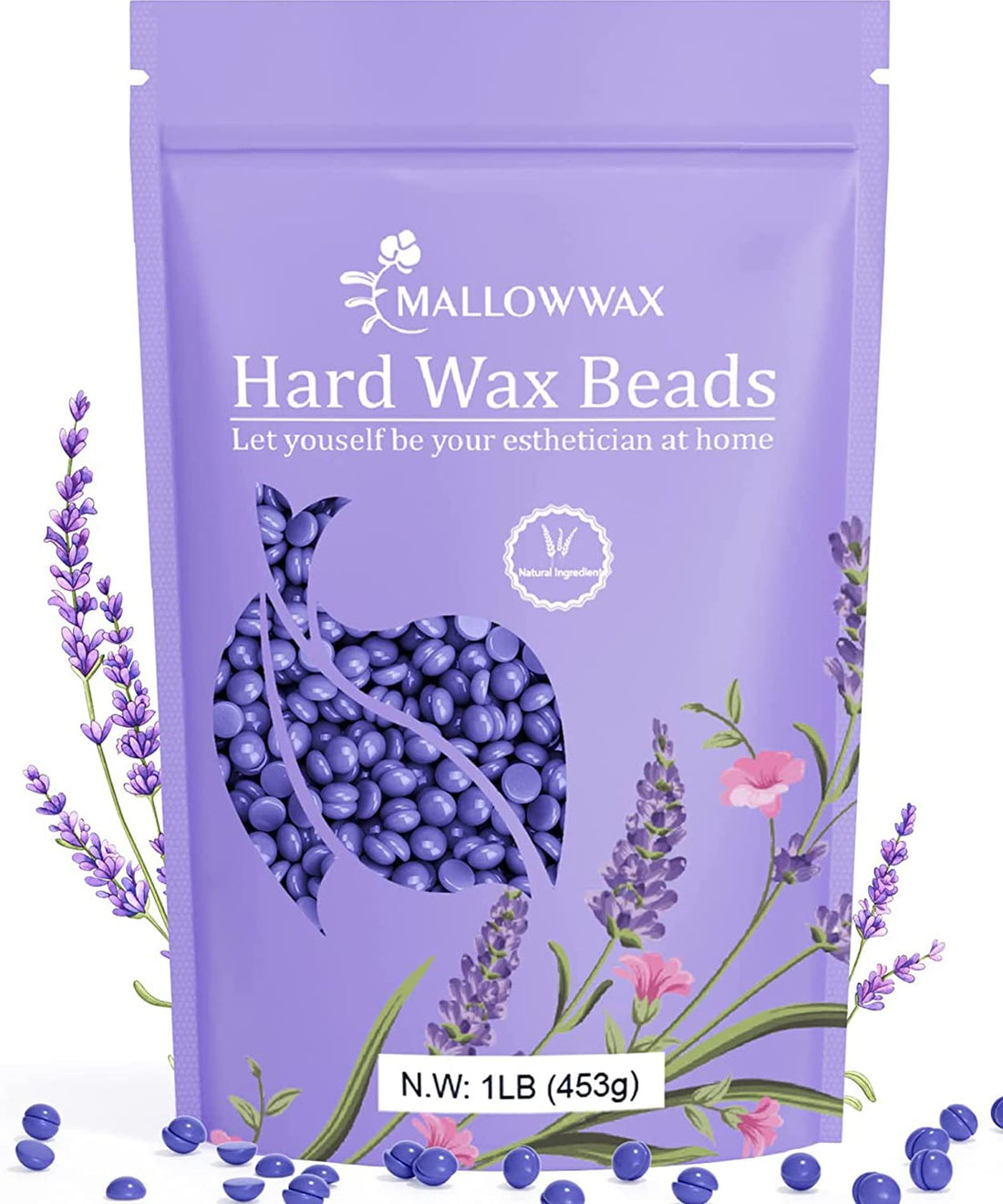 Mallowwax Hard Wax Beads, Wax Beans for Hair Removal, Natural Lavender, Stripless, Coarse Body Hair Specific - Ideal for Bikini, Brazilian, Legs, Underarms, Chest, 16 Ounce