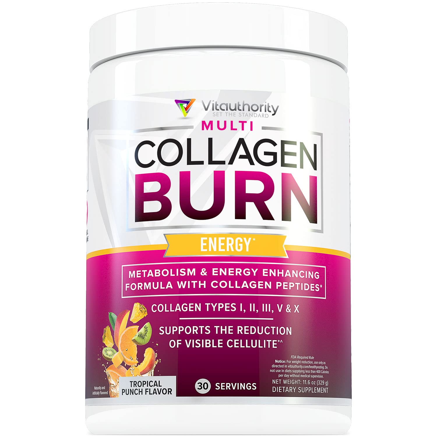 Multi Collagen Burn: MultiType Hydrolyzed Protein Peptides with Hyaluronic Acid, Vitamin C, SOD B Dimpless, Types I, II, III, V and X, with Caffeine 30 Servings Tropical Punch Flavored