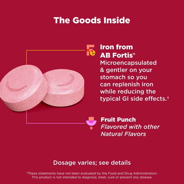 OLLY Delightful Iron Chewable Tablet, Iron Supplement from AB Fortis, Fruit Punch Flavor, 30 or 20 Day Supply - 60 Count