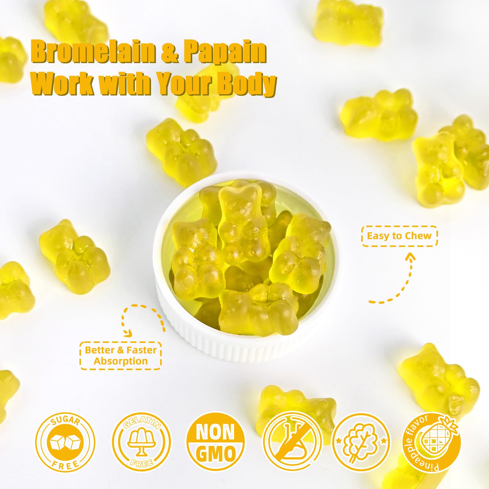 Bromelain Papain Enzyme Gummies Supplement: Bromelain 500MG with Querectin Gummies for Adults Kids, Organic Bromelain Papaya Enzymes Chewable for Digestive Support Immunity Antioxidant Vegan 60CT