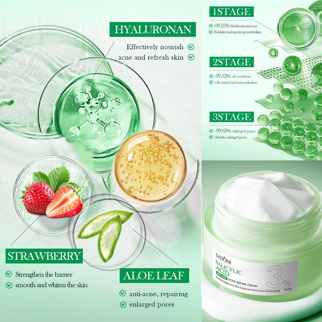 Grospe Salicylic Acid Repair Cream,Salicylic Acid Face Moisturizer,Pore Shrinkage Acne Skin Improves Acine Scars Motsturizing,Suitable for Oily, Acne Prone Skin 50g