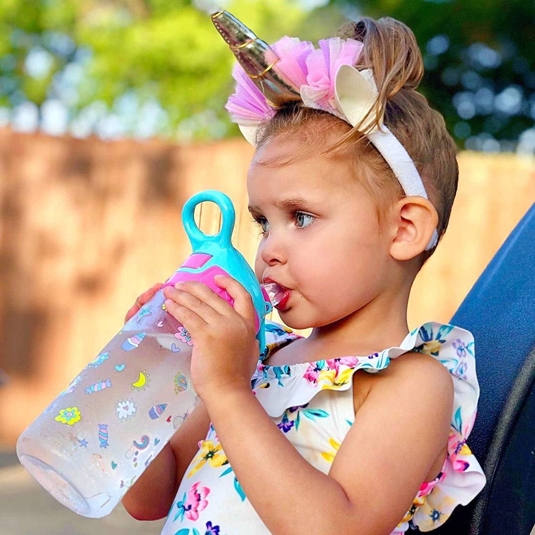 Nuby Push Button Flip-it Soft Spout Tritan Water Bottle, Pink Unicorns, 18 Oz