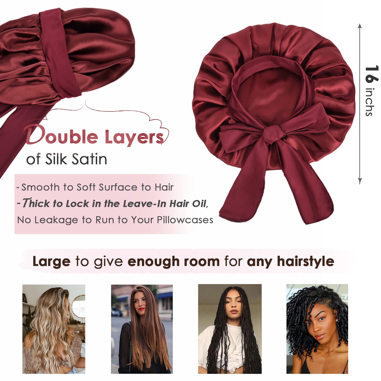 YANIBEST Silk Bonnet for Sleeping Women Adjustable Double Layer Satin Bonnet Reduce Friction Prevent Frizz Natural Curly Hair, Bonnetband-Burgundy