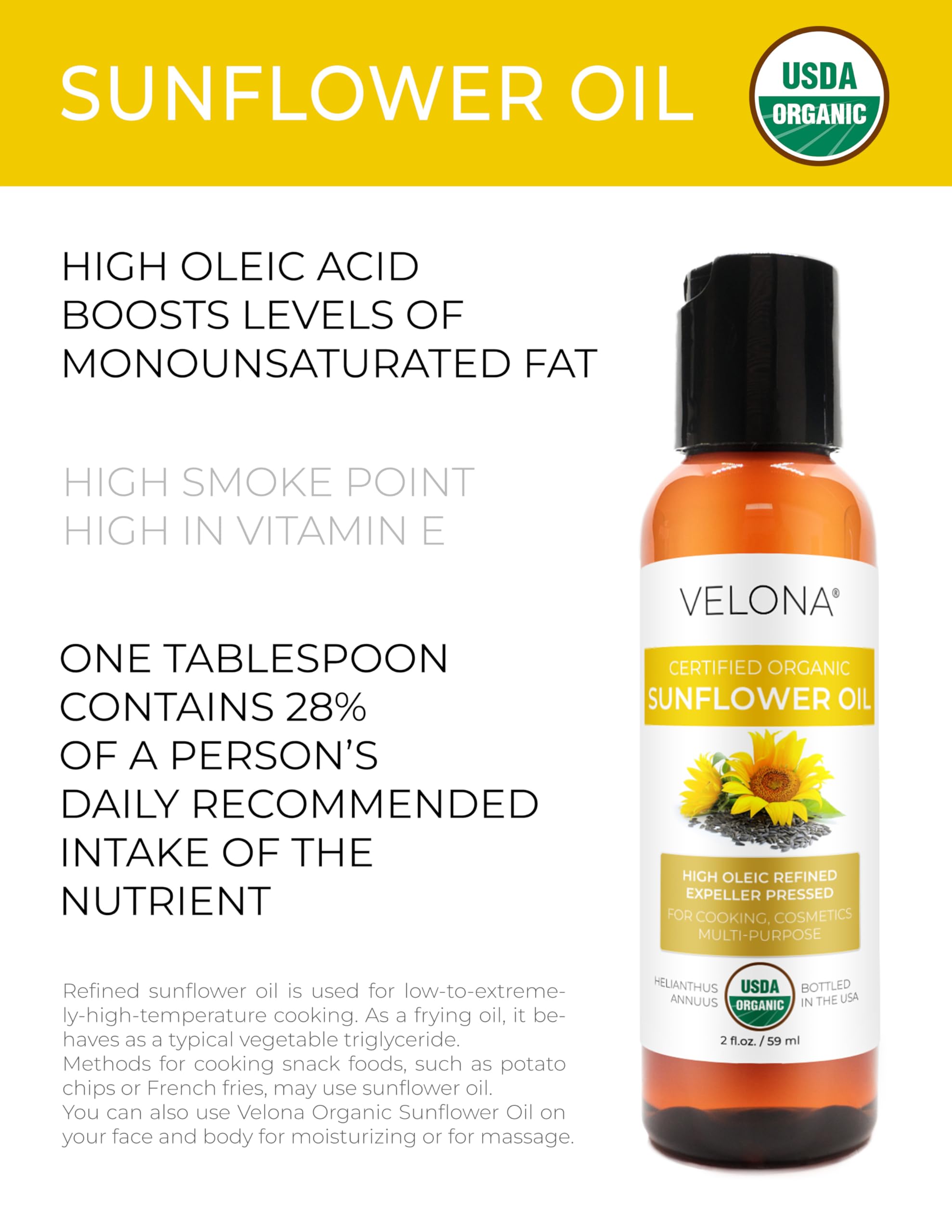 velona USDA Certified Organic Sunflower Oil - 2 fl oz | 100% Pure and Natural Carrier Oil | High Oleic, Refined, Expeller Pressed | Cooking, Skin, Hair, Body & Face Moisturizing