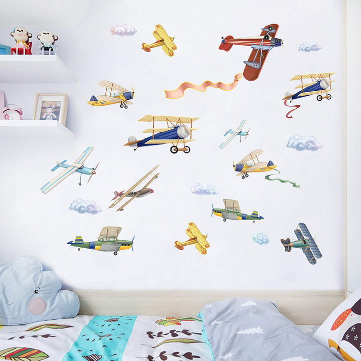 Watercolor Airplane Wall Decals, Removable Wall Stickers for Nursery Playroom Kids Bedroom Decoration, Aircrafts Theme Boys Bedroom Wall Decoration (Airplane, 9.8 X 18 X4Pcs)