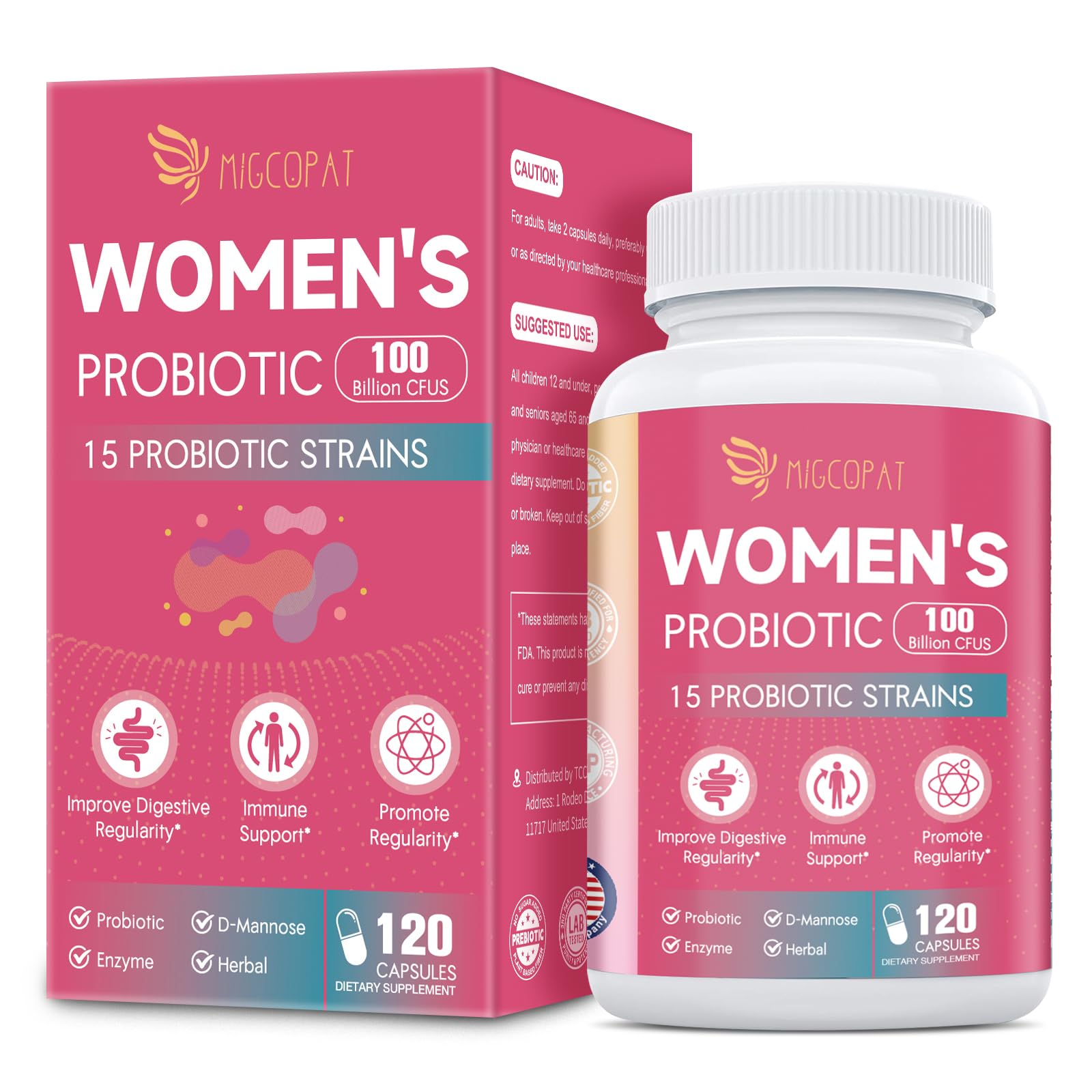 Womens Probiotic, 100 Billion CFU Probiotics for Women with Prebiotics, Digestive Enzymes, D-Mannose & Cranberry Extract for Immune Support, Vaginal & Urinary Health, Digestive Balance - 120 Capsules