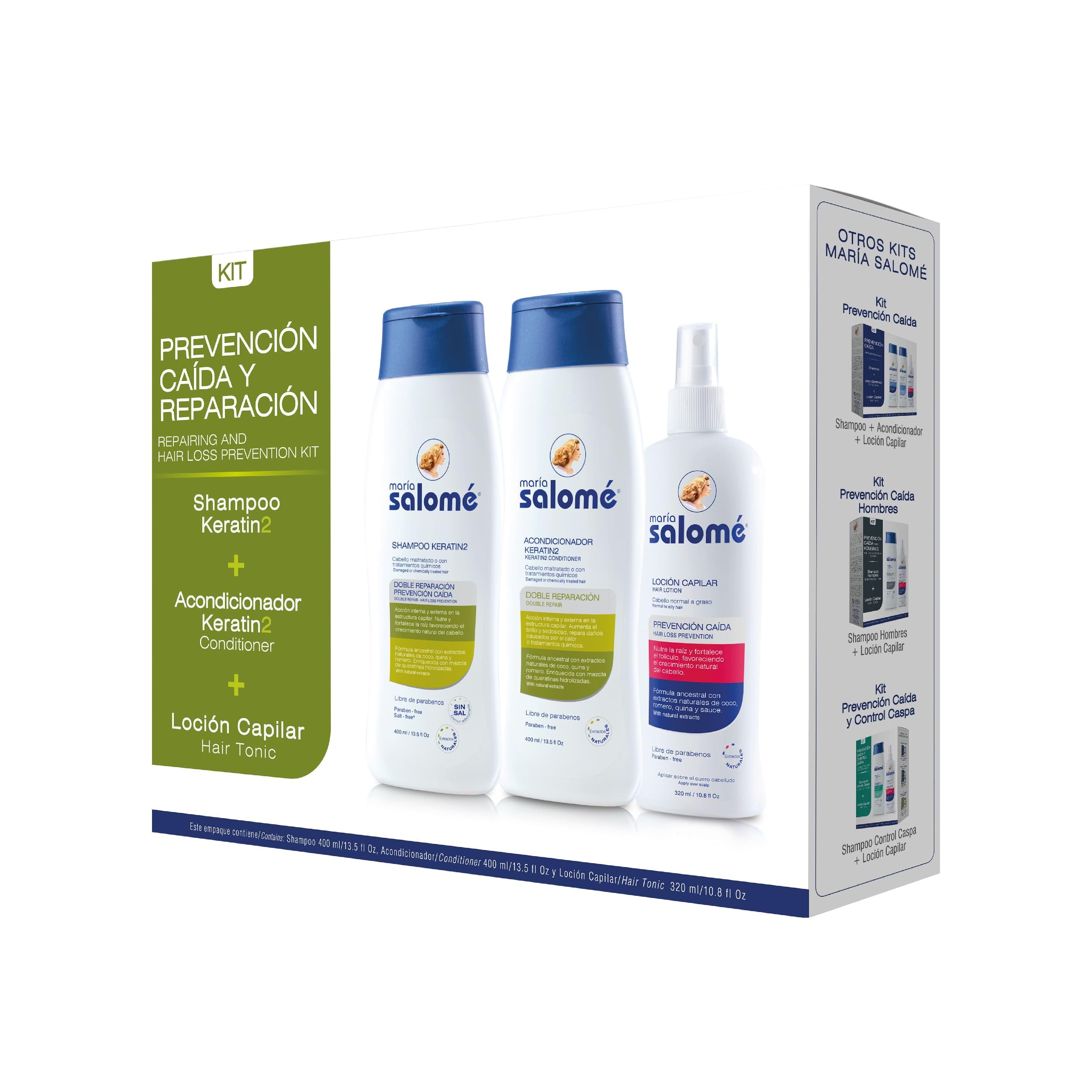 Maria Salome Keratin2 Hair Repair and Loss Prevention kit of Shampoo 13.5 fl.oz. - Conditioner 13.5fl.oz. - Lotion 11.8 fl.oz. Natural Products for Thinning Hair