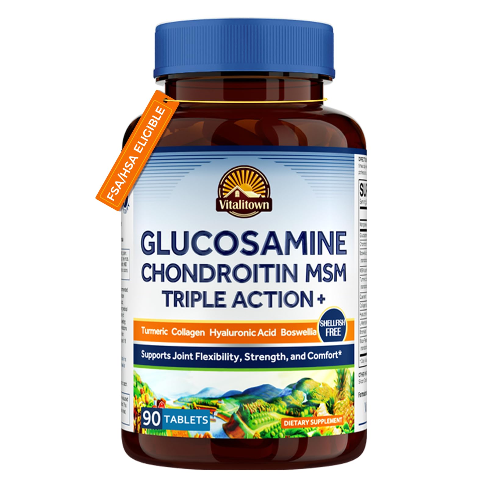 Vitalitown Glucosamine Chondroitin MSM | Collagen, Boswellia, Turmeric, Hyaluronic Acid, Bromelain | Triple Action+ Joint Formula | 12 Joint-Loving Ingredients | 90 Tablets, No Shellfish