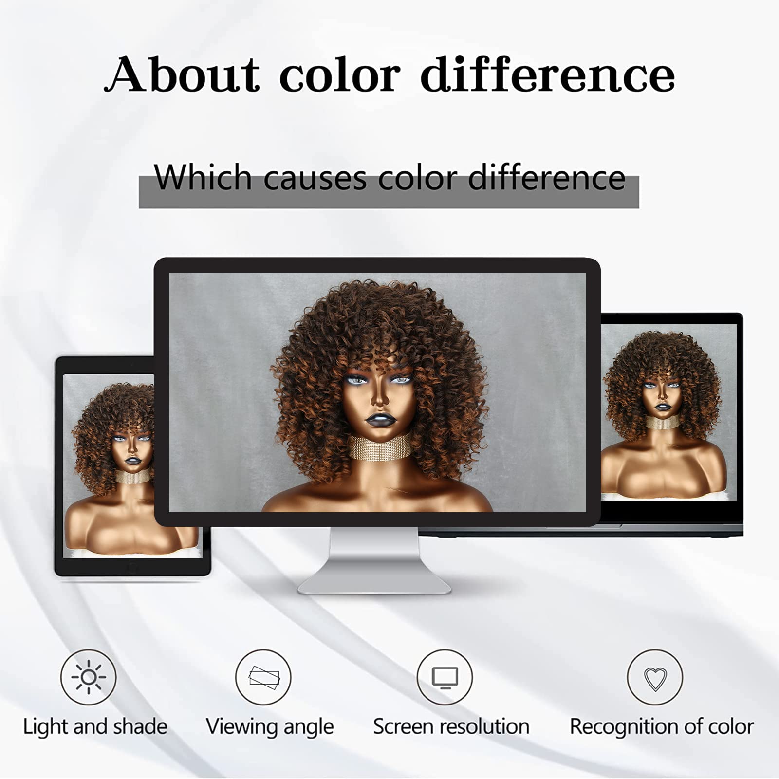 Xinran Omber Brown Kinky Curly Wig for Black Women, Short Curly Afro Wigs with Bangs, Synthetic African American Full Hair Wig 14 inch