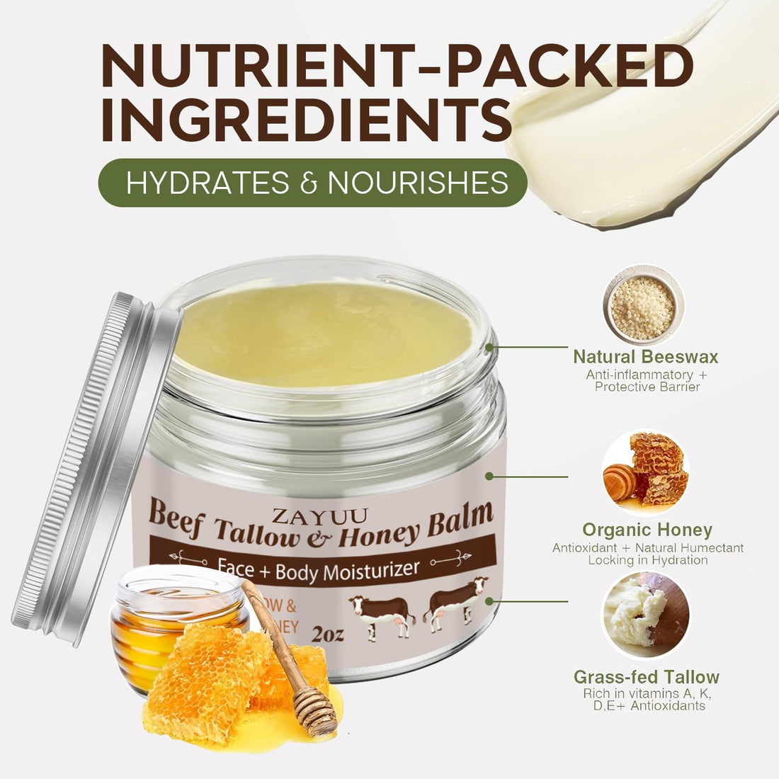 ZAYUU Beef Tallow and Honey Balm for Skin: Tallow Face Moisturizer with Honey - Grass-Fed Beef Tallow & Raw Wild Honey Balm - All-Natural Hydration for Face & Body - 2oz