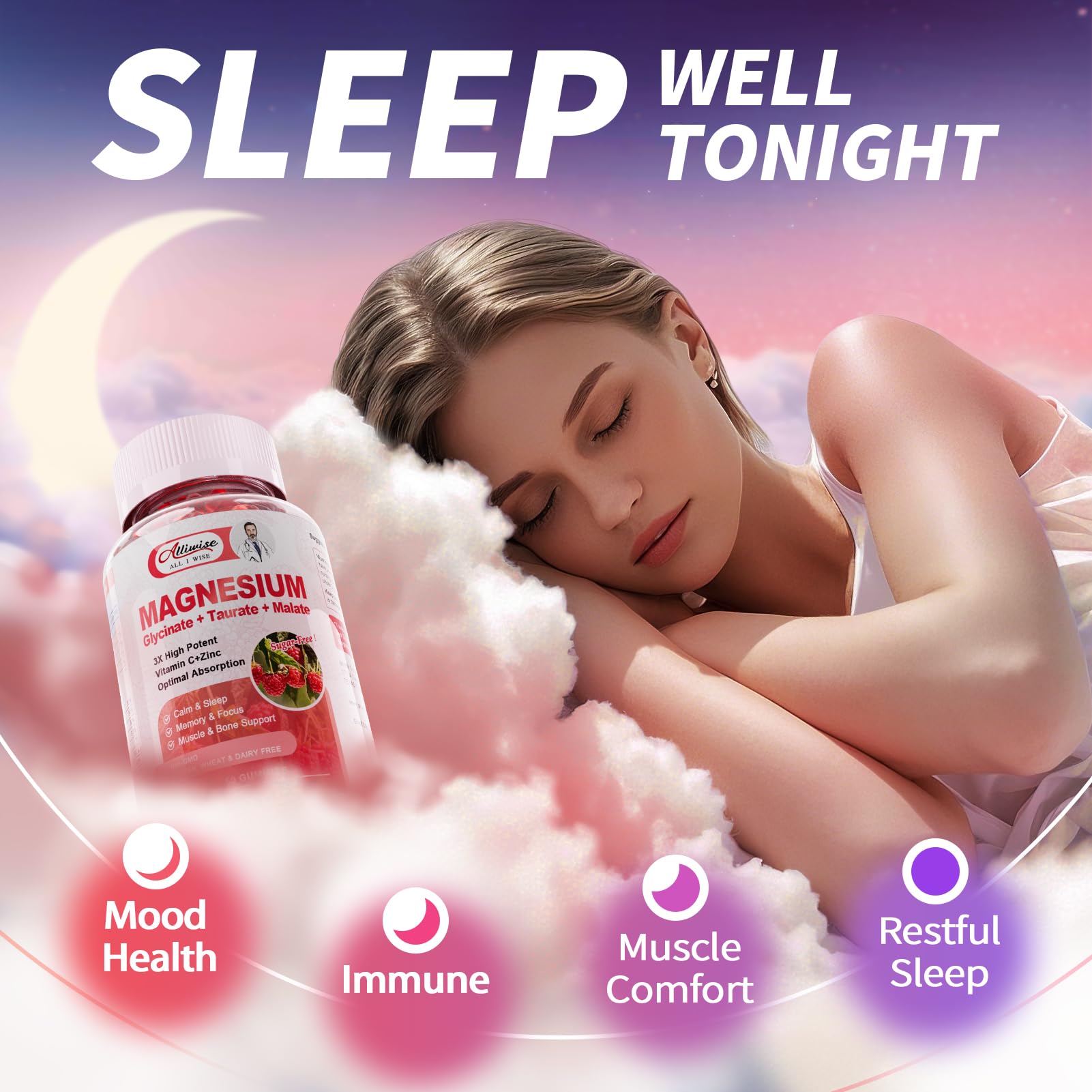 Alliwise 2Pack Magnesium Glycinate Gummies,Magnesium Potassium Supplement with Taurate, Malate, Vitamins D, C, B6, Calcium,Body Support,Raspberry Magnesium Gummies for Adults,60 Days Supply