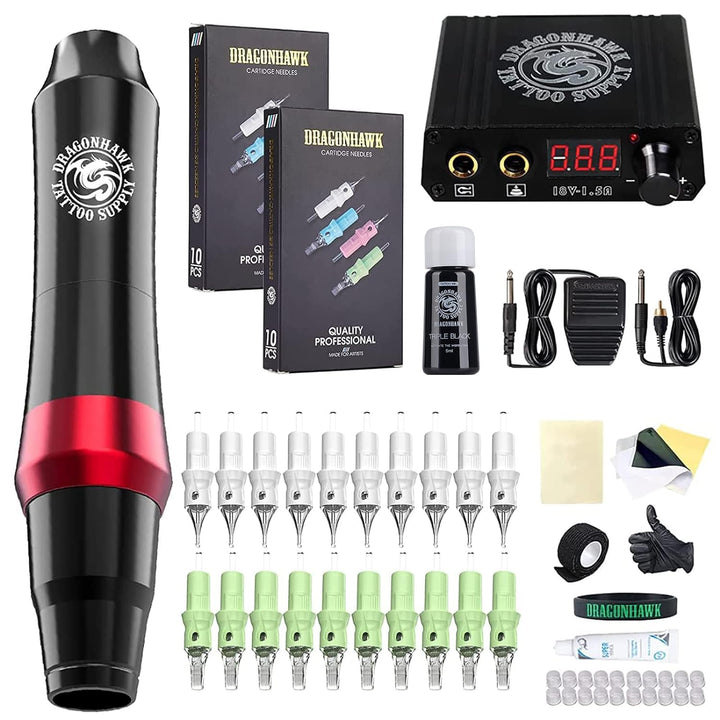 Dragonhawk S4 Tattoo Pen Machine Kit 20Pcs Cartridges Needles Power Supply Color Inks Slim Coreless Motor Gun Set (S4 Pen Kit)