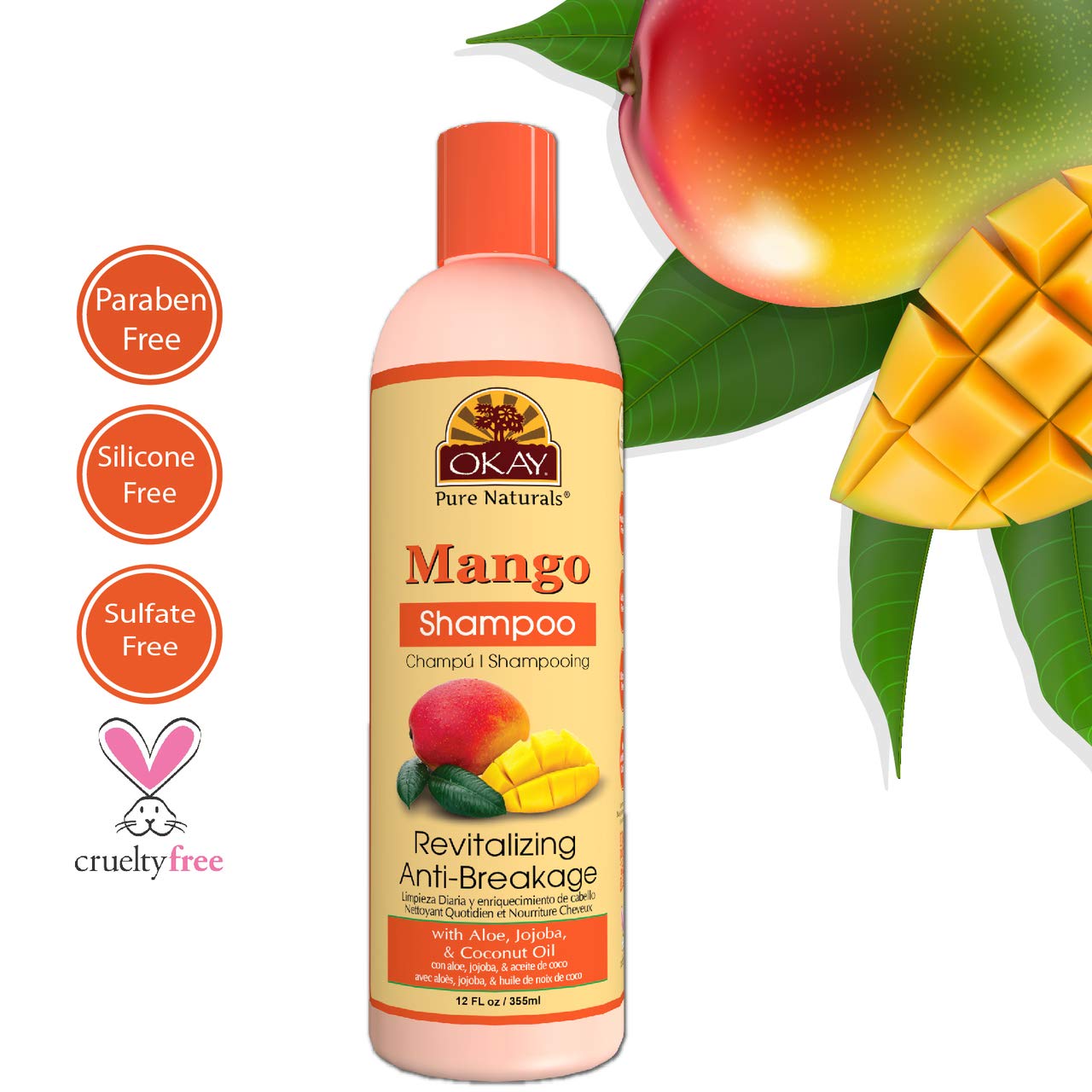 OKAY | Mango Anti-Breakage Shampoo | For All Hair Types & Textures | Revitalize - Repair - Restore Moisture | With Aloe, Jojoba & Coconut Oil | Free of Parabens, Silicones, Sulfates | 12 oz