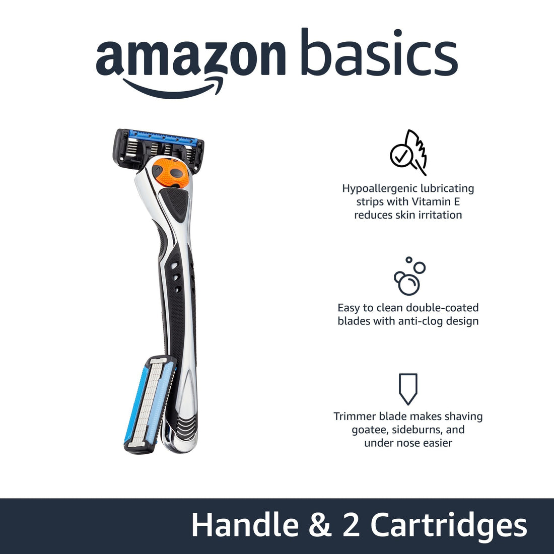 Amazon Basics 5-Blade MotionSphere Razor for Men with Dual Lubrication and Precision Beard Trimmer, Handle & 2 Cartridges (Cartridges fit Amazon Basics Razor Handles only) (Previously Solimo)