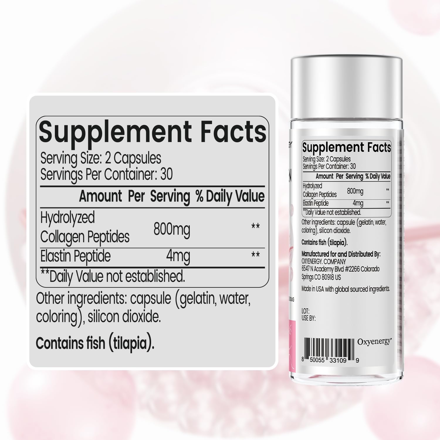 OxyEnergy Collagen Peptides Capsules for Women, 800mg Hydrolyzed Collagen(Types I) Supplements with Elastin Peptides, 60 Collagen Pills to Promotes Hair, Nail, Skin, Colágeno en Capsulas