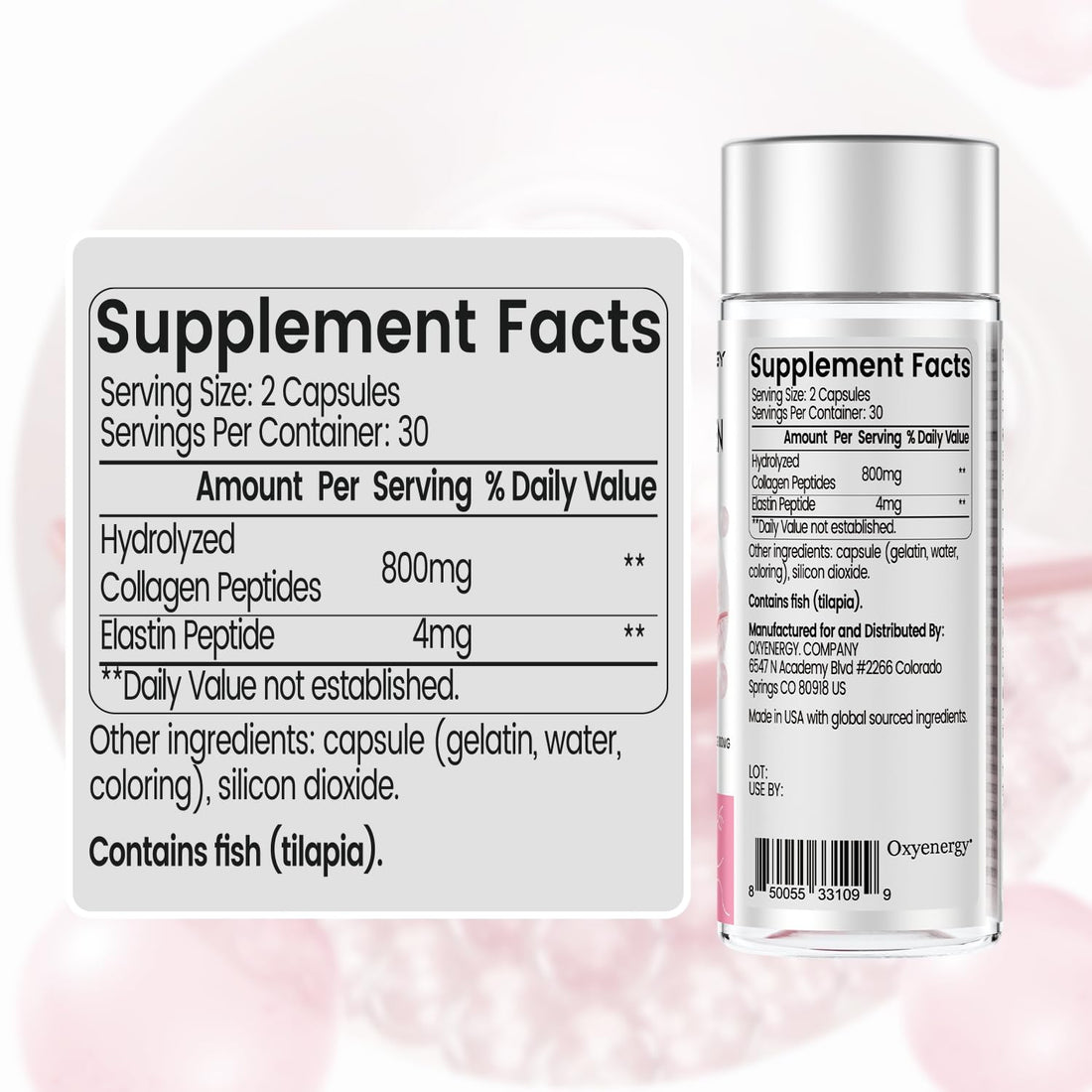 OxyEnergy Collagen Peptides Capsules for Women, 800mg Hydrolyzed Collagen(Types I) Supplements with Elastin Peptides, 60 Collagen Pills to Promotes Hair, Nail, Skin, Colágeno en Capsulas