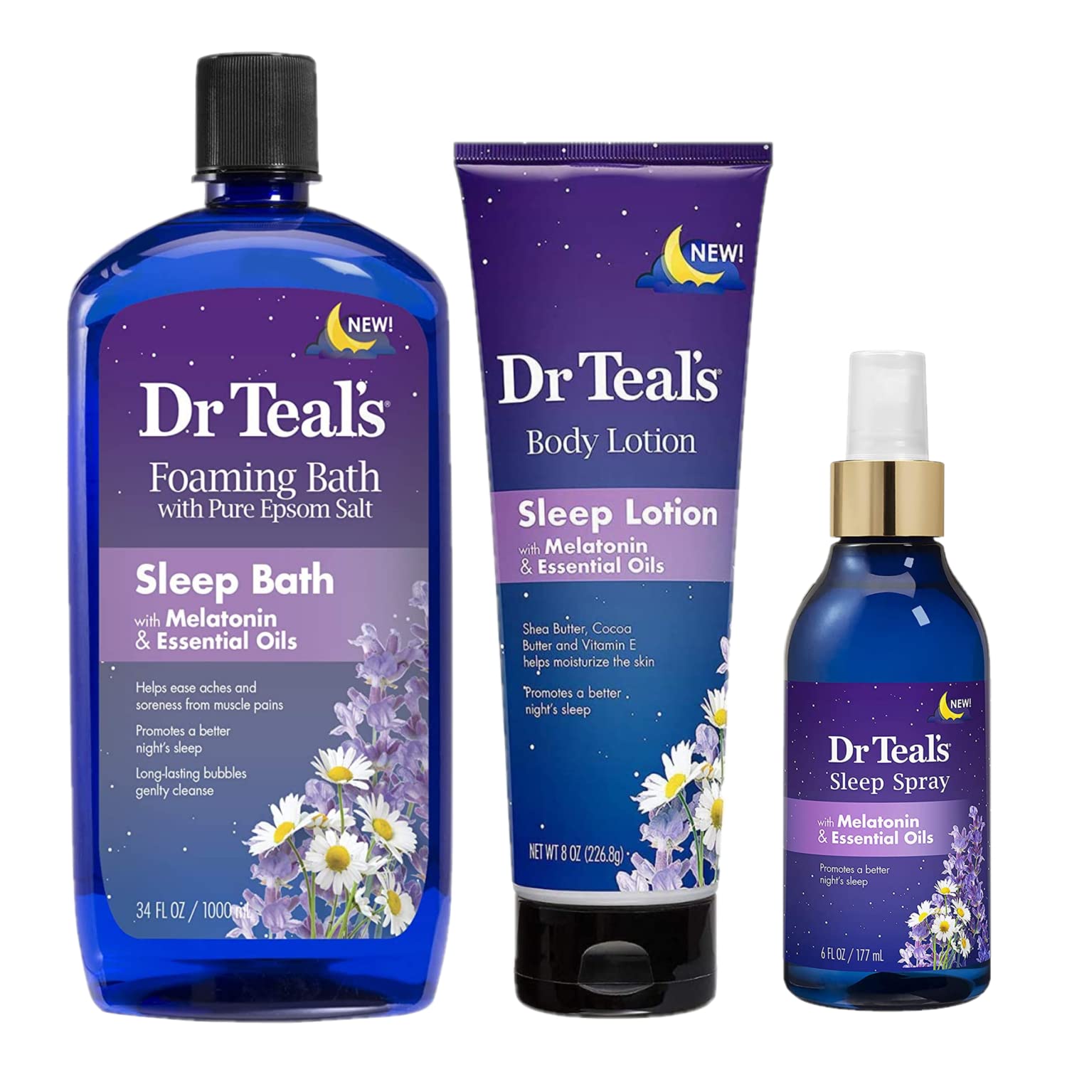 Dr Teals Melatonin Sleep Bath Gift Set (Foaming Bath (34 oz), Body Lotion (8 oz), & Sleep Spray (6oz) - Stress Relief Lavender & Melatonin Promotes Better Sleep - At Home Spa Kit - Relax Before Bed