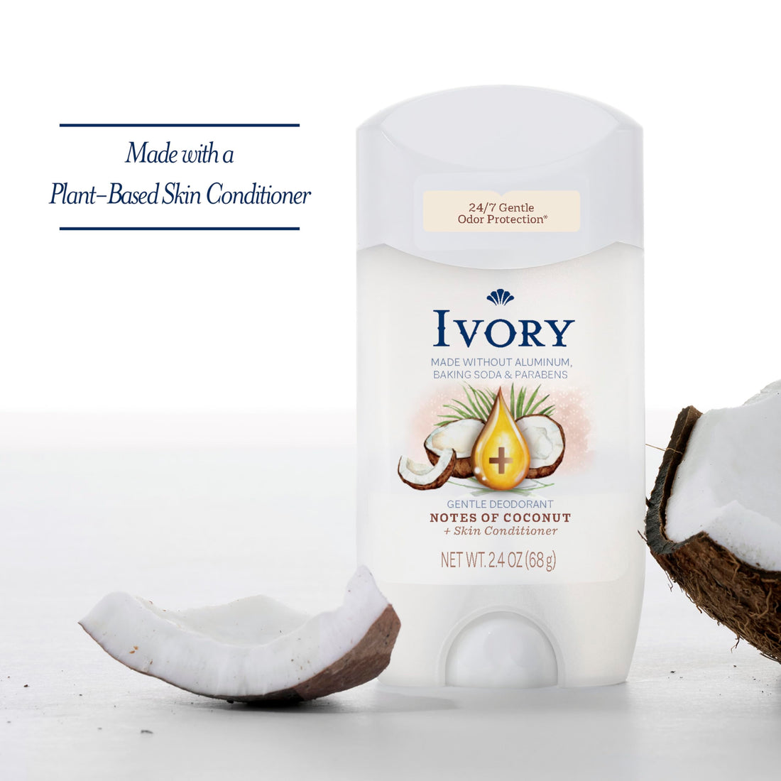 Ivory Aluminum Free Deodorant, Notes of Coconut, 24hr Gentle Deodorant, Dermatologist Tested, Baking Soda Free, Paraben Free, 2.4 oz
