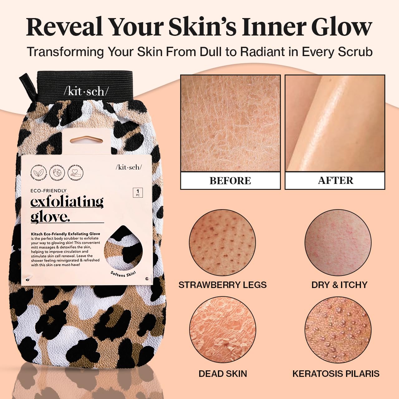 Kitsch Deep Exfoliating Glove, Eco Friendly Exfoliating Body Scrubber, Dead Skin Remover and Body Scrub Mitt for Skin Cell Renewal, for Shower and Bath, Leopard