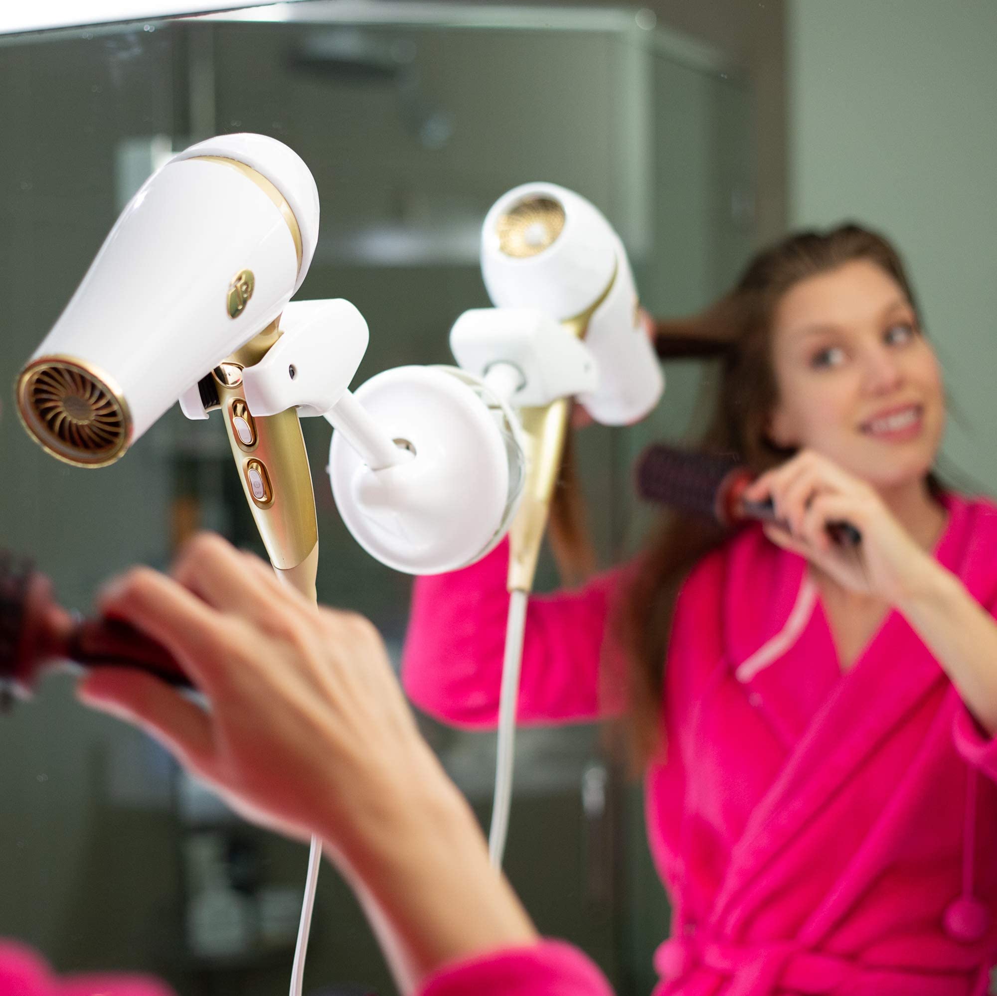 Hands Free Hair Dryer Holder - Patented Blow Drying Wall Mount Design - Stand Adjusts and Swivels