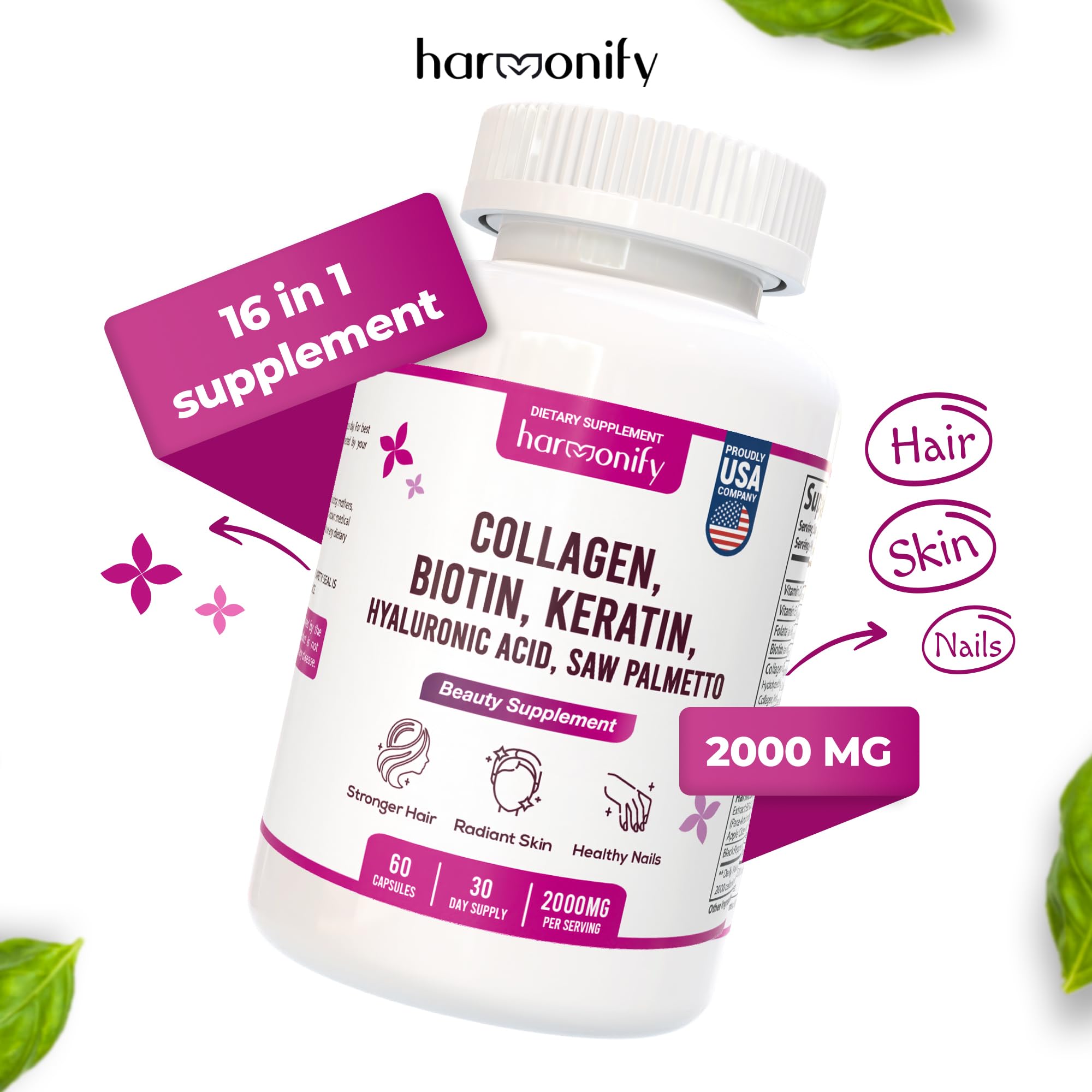 HARMONIFY Collagen Biotin Keratin Hyaluronic Acid Complex Supplement with Vitamin E, Folic Acid, Pumpkin Seed and MSM, 60 Capsules, 1000 mg