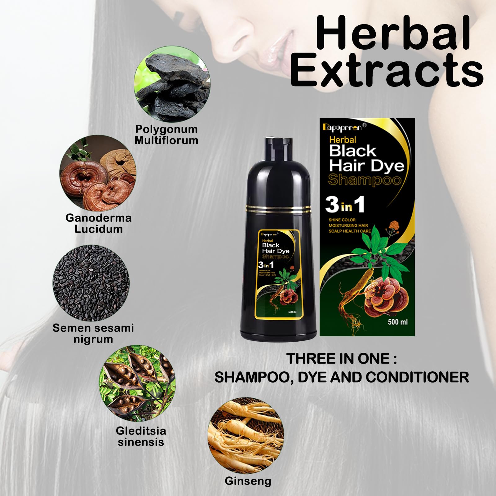 Dapoprren 3 in 1 Instant Black Hair Dye Shampoo | Herbal-Infused Color & Nourishing Formula for Women & Men and All Hair Types | 17 Oz