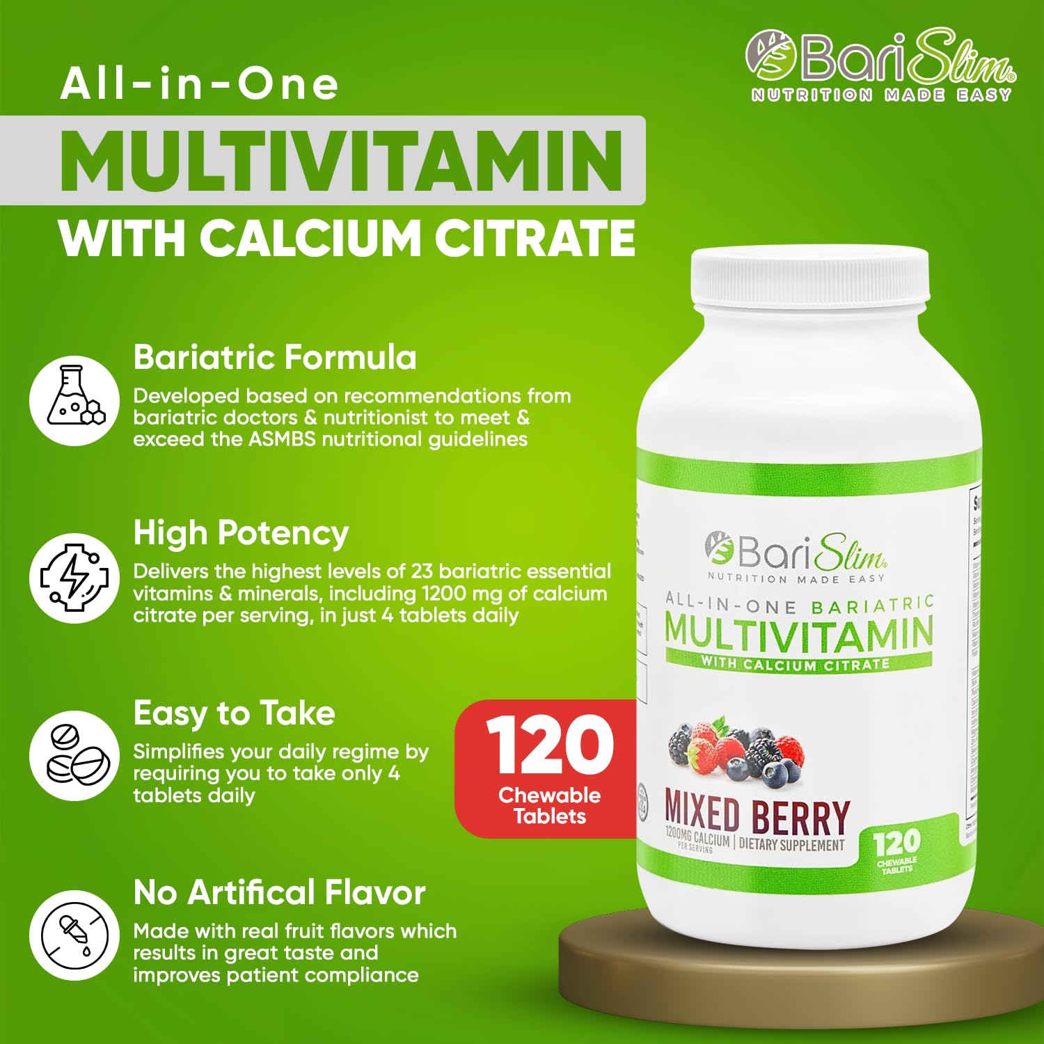 BariSlim All-in-One Bariatric Chewable Multivitamin Tablets w/Calcium Citrate - Bariatric Vitamin for Post Bariatric Surgery Including Gastric Bypass & Gastric Sleeve | Mixed Berry (120 Count)