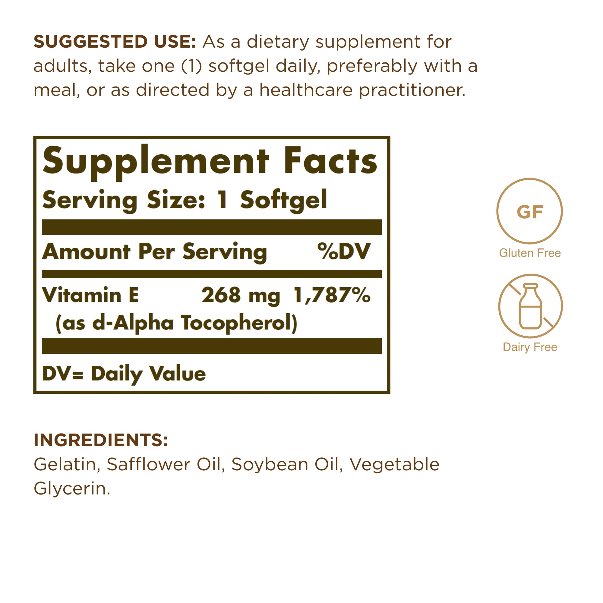 Solgar Vitamin E 268 mg (400 IU) - 250 Softgels - Naturally-Sourced Vitamin E as d-Alpha Tocopherol - Gluten Free, Dairy Free - 250 Servings