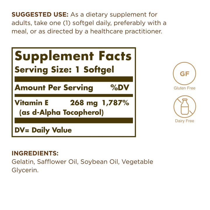 Solgar Vitamin E 268 mg (400 IU) - 250 Softgels - Naturally-Sourced Vitamin E as d-Alpha Tocopherol - Gluten Free, Dairy Free - 250 Servings