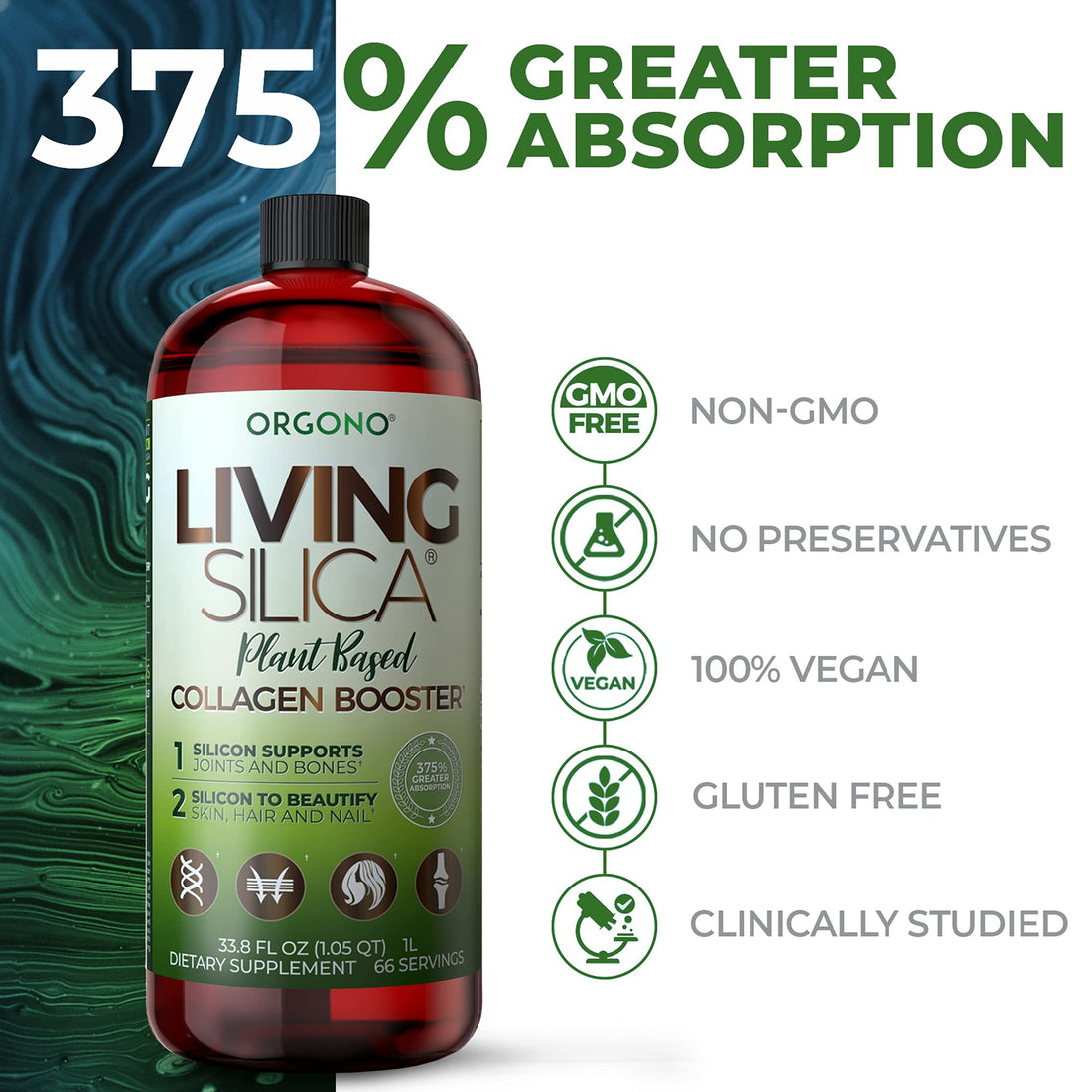 Living Silica Plant Based Collagen Booster | Vegan Collagen Booster | Supports Healthy Collagen and Elastin Production for Joint & Bone Support, Glowing Skin, Strong Hair & Nails | 33.85 Fl Oz