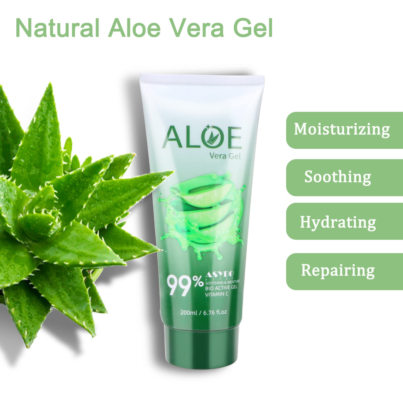 ASYBO 200x2 ML Aloe Vera Gel – 99% Organic Pure Aloe Vera Hydrating Face & Body Moisturizer, Natural Aloe Cream for Dry Skin, Sunburn, Acne, Soothing & Moisturizing
