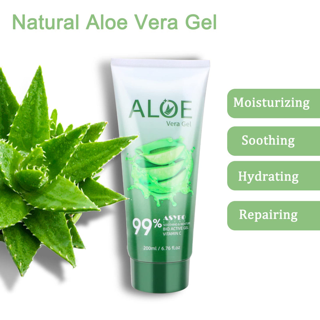 ASYBO 200x2 ML Aloe Vera Gel – 99% Organic Pure Aloe Vera Hydrating Face & Body Moisturizer, Natural Aloe Cream for Dry Skin, Sunburn, Acne, Soothing & Moisturizing