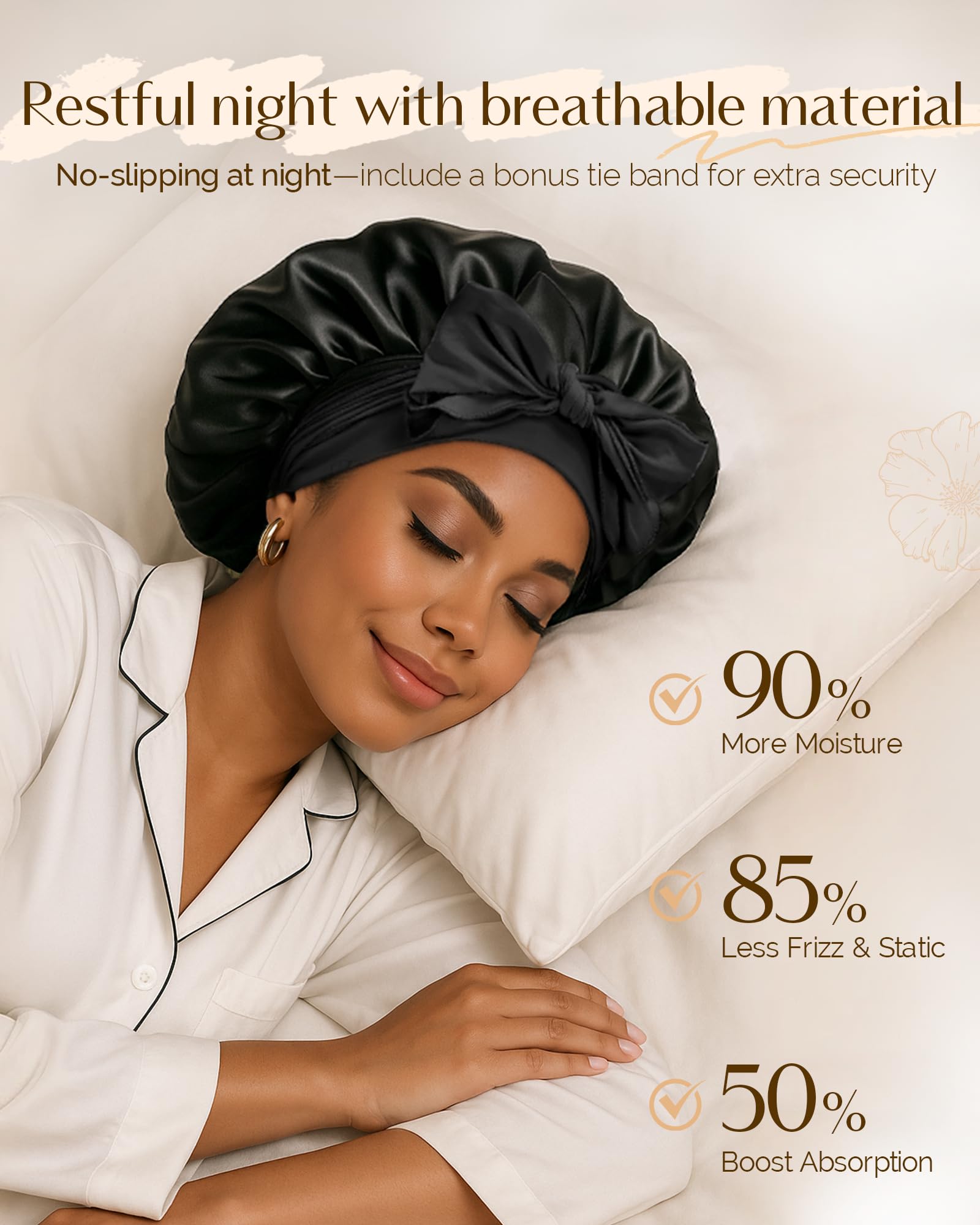 Yanibest Adjustable Satin Bonnet for Sleeping, Double Layer Silk Hair Bonnet with Tie Band for Unisex Women Men Curly Natural