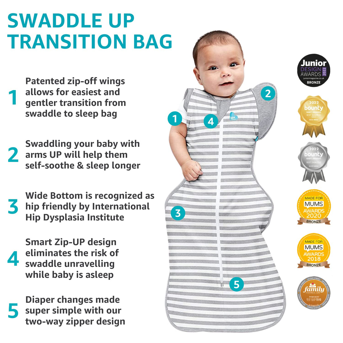 Love to Dream Swaddle Up Transition Swaddle, Patented Zip-Off Wings, Gently Help Baby Transition from Being Swaddled to Arms Free When Showing Signs of Rolling, Lite 0.2 TOG, 19-24 lbs, White