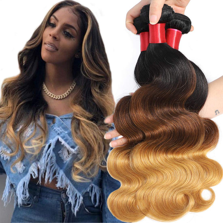AUTTO Hair Ombre Brazilian Hair Body Wave 3 Bundles 1B/4/27 Virgin Human Hair Extensions 3 Tone Virgin Hair Body Wave Weaves (1B/4/27,121416)