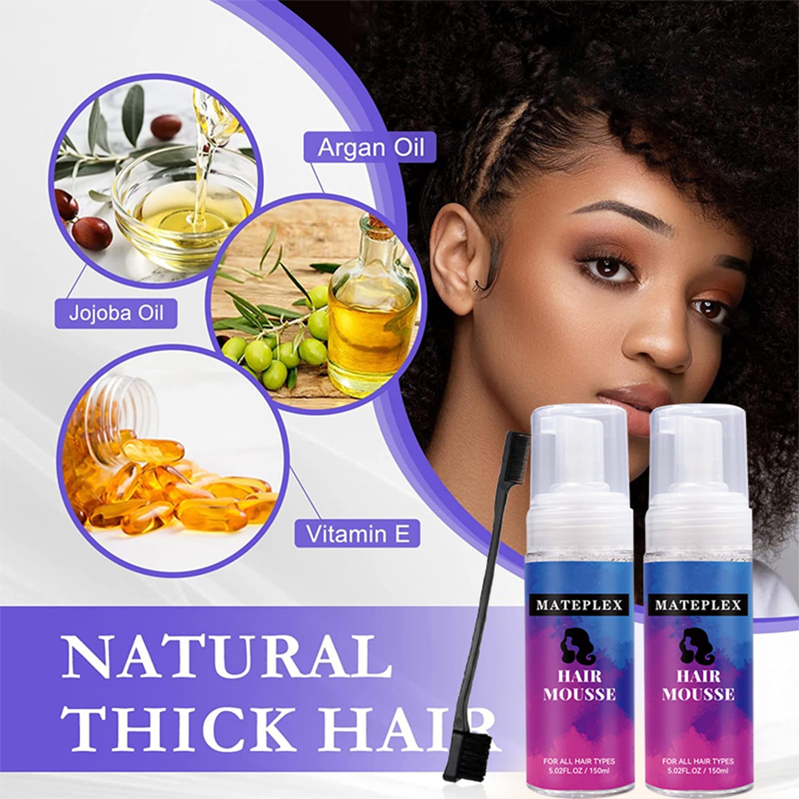 MATEPLEX Foaming Hair Curl Mousse Made From Argan Oil Frizz Control Styling Mousse with Flexible Feel, Ideal for Curly Hair, Wig or Weave, with Brush 5.02 oz(150ml)