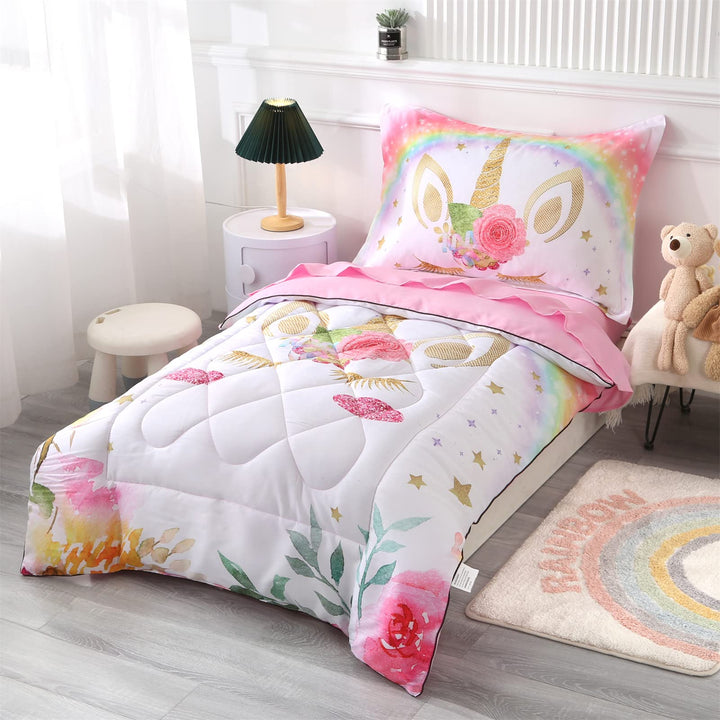 Wowelife Unicorn Toddler Bedding Set for Girls Pink 4 Piece Unicorn Bedding Toddler Bed Set Rainbow Pink White Floral Star Bed Comforter with Comforter, Flat Sheet, Fitted Sheet and Pillowcase