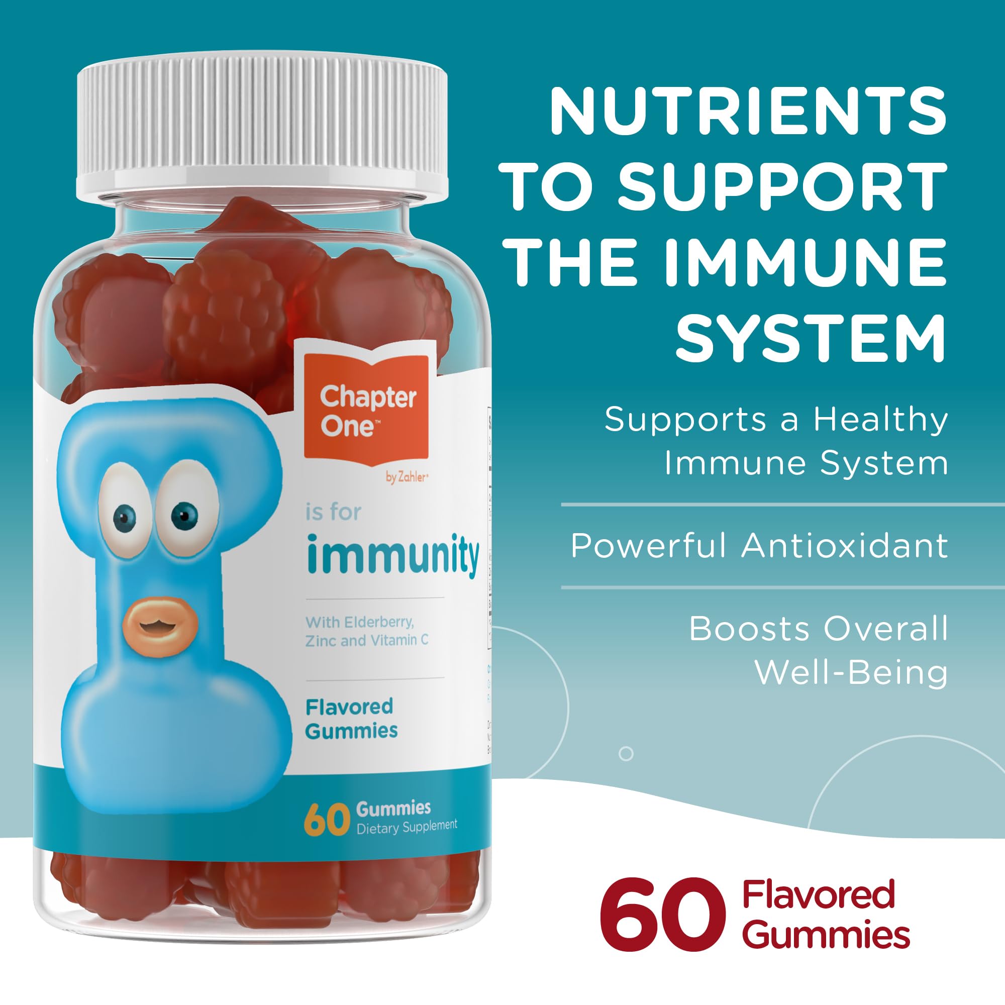 Zahler - Chapter One Immune Support Gummies for Kids with Vitamins C, Zinc & Black Elderberry (60 Flavored Gummies) Kosher Immunity Vitamin C & Elderberry Gummies for Kids & Adults - Made in USA