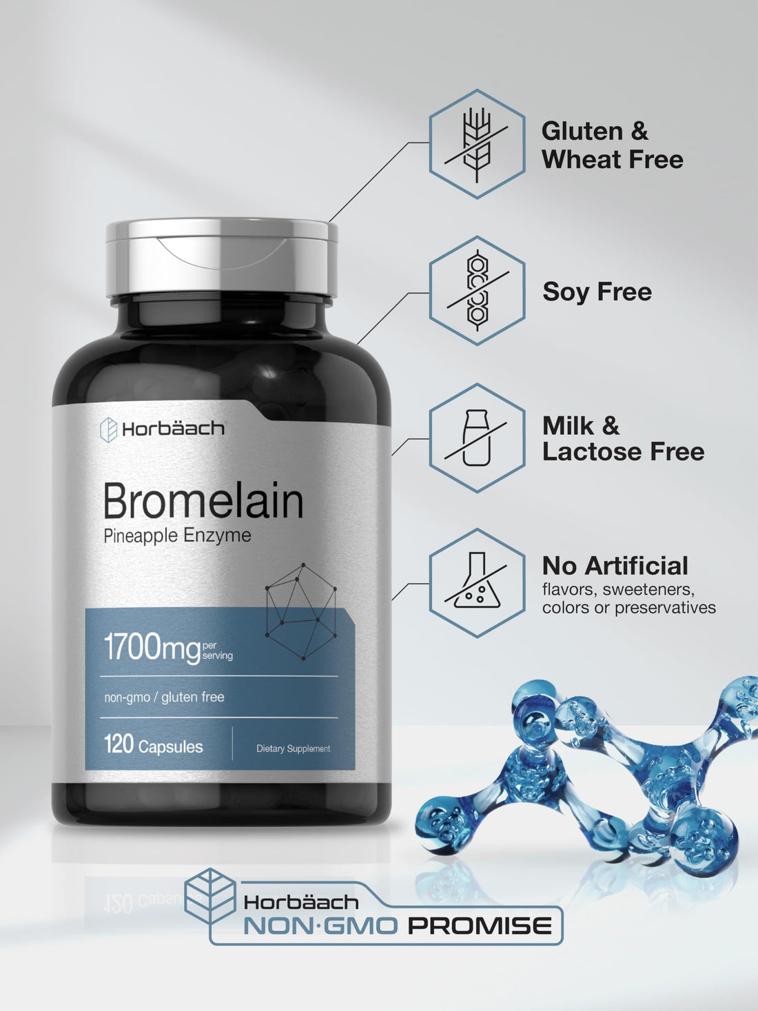Horbäach Bromelain 1700 mg | 120 Capsules | Supports Digestive Health | Pineapple Enzyme Supplement | Non-GMO, Gluten Free