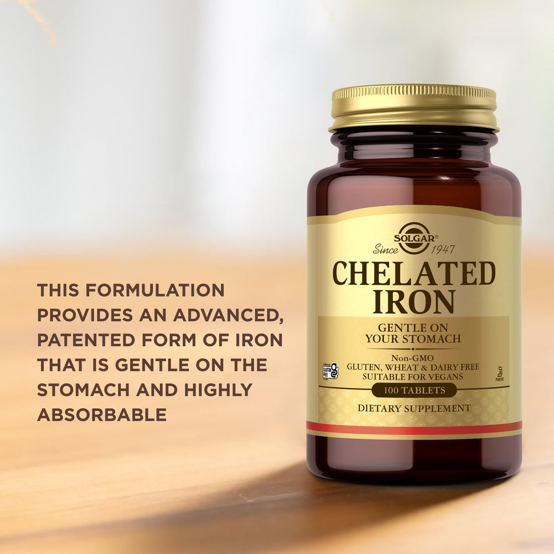 Solgar Chelated Iron - 100 Tablets, Pack of 2 - Gentle on Your Stomach - Non-GMO, Vegan, Gluten Free, Dairy Free, Kosher - 200 Total Servings