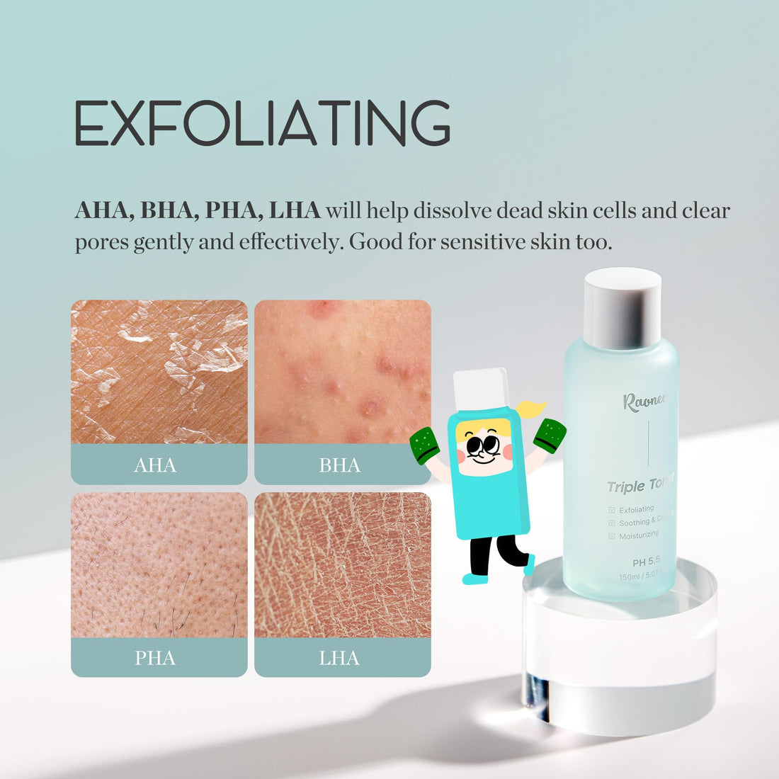 K-Beauty Triple Toner - Exfoliating, Soothing & Calming, Moisturizing, pH 5.5 Balanced with AHA, BHA, PHA, LHA - Lightweight, Non-Sticky - Daily Toner for All Skin Types- Fragrance free5.07 fl.oz