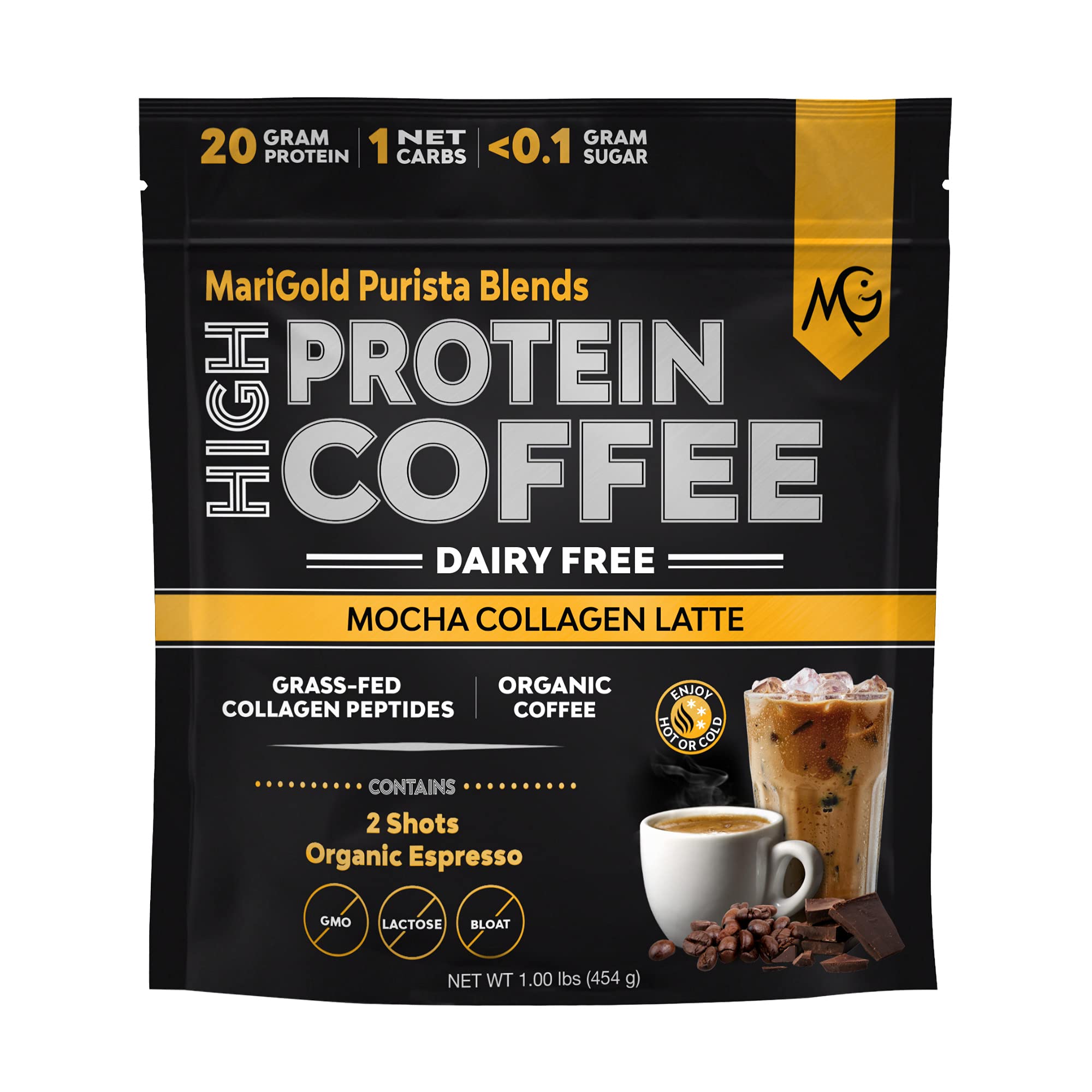 MariGold High Protein Collagen Coffee - Mocha Collagen Latte, Dairy Free, 20g Grass-Fed Type I & III Collagen Peptides, Energy Boost, 2 Shots Organic Espresso, Non-GMO, 1 Lb Bag, 15 Servings